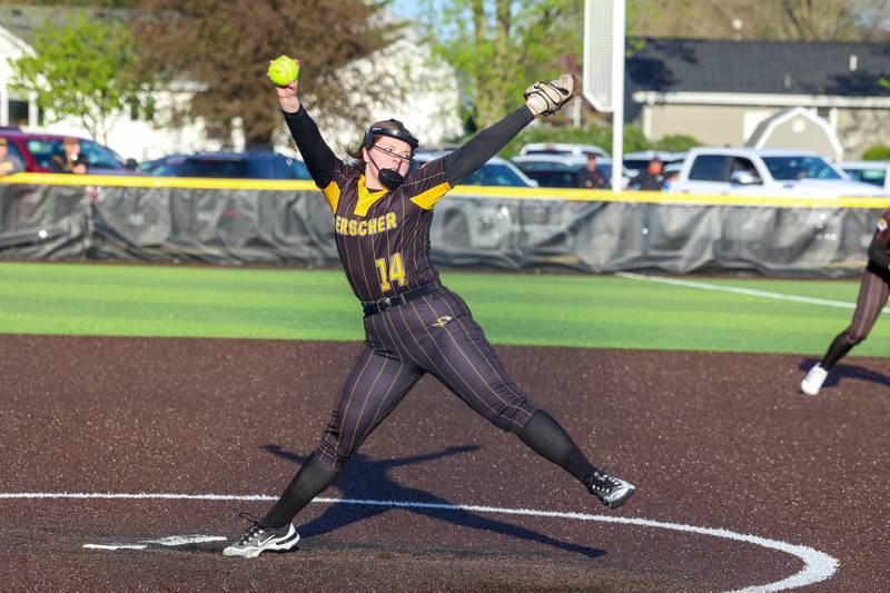 Herscher's Anna Lesage pitches during the Tigers' 14-10 loss to Coal City on Monday, April 20, 2026.