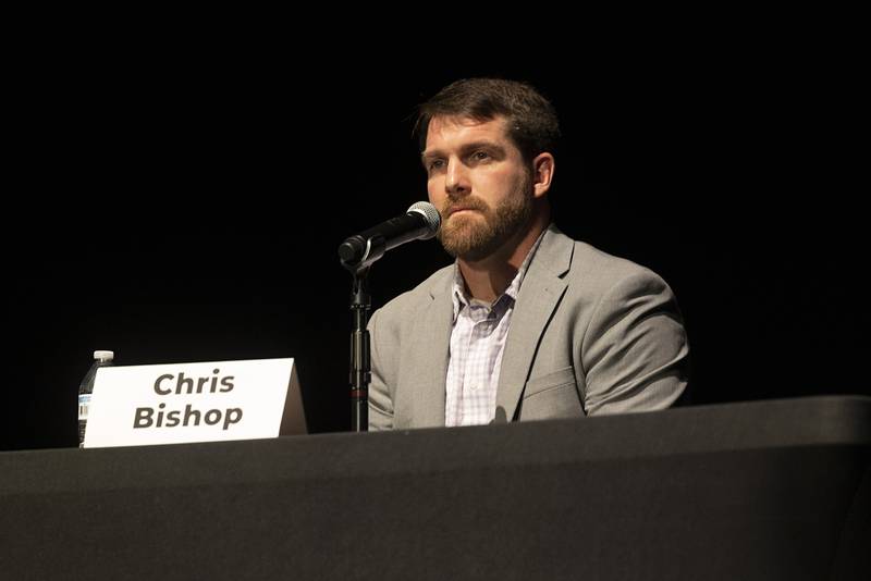 Dixon City Council member Chris Bishop talks about his qualifications during a candidate forum Thursday, Feb. 22, 2024, for the 37th Senate District in Illinois.
