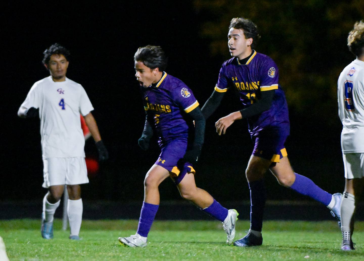 Mendota’s Mauricio Salinas (5) and Cesar Casas (11) celebrate a first half goal against Genoa-Kingston during the Class 1A Indian Creek Sectional Semifinal in Waterman on Wednesday, Oct. 29, 2025.