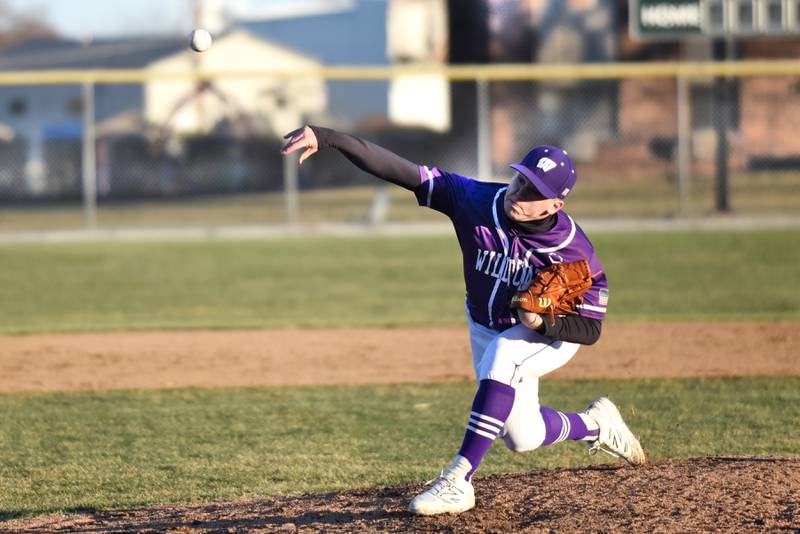 Wilmington's Kyle Farrell throws a pitch during the Wildcats' game at Bishop McNamara Monday, March 17, 2025.
