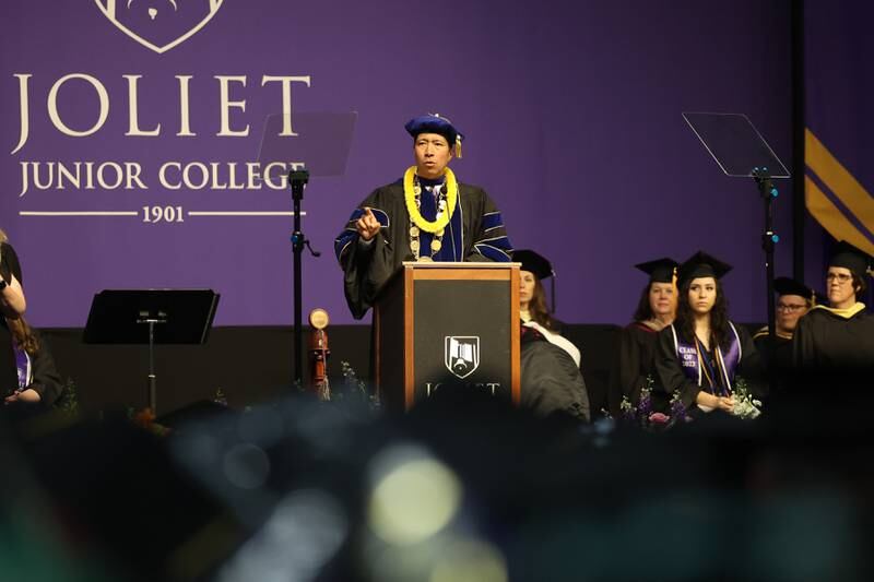 President Dr. Clyne Namuo gives opening remarks at the Joliet Junior College Commencement Ceremony on Friday, May 19, 2023, in Joliet.