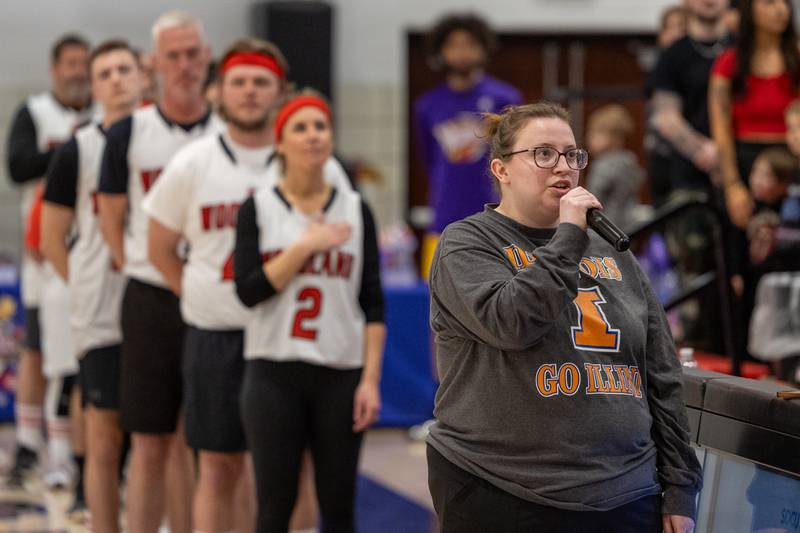 Samantha Jackson sings the national anthem at the Harlem Wizards game on Wednesday, April 16, 2025 at Woodland High School in Streator.