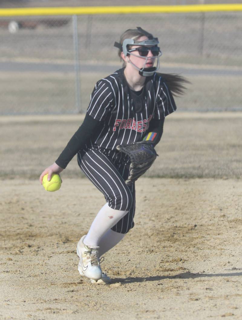 Forreston second baseman Nevaeh Scheffner gets ready to toss the ball to first for an out against River Ridge/Scales Mound on Monday, March 24, 2025 in Forreston.