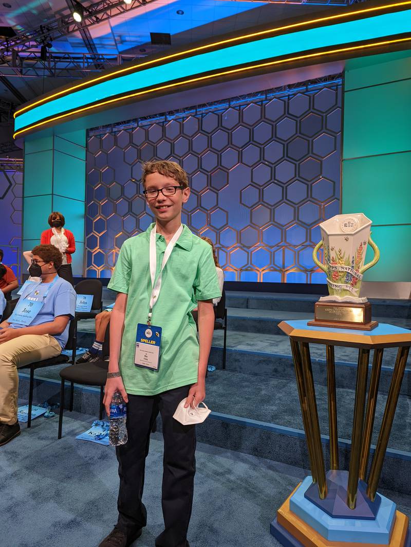 Max Foley, 12 of DeKalb standing on the stage of the 94th Scripps National Spelling Bee. Foley was one of the 234 spellers to compete in the event last week.