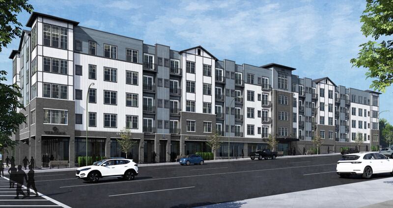 A concept rendering of a mixed-use development for the Block B site in Fox River Grove.