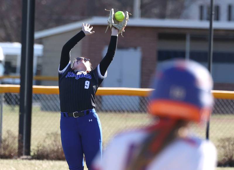 Hinckley-Big Rock's Leeann Brewer makes a catch in centerfield Monday, March 23, 2026, during their game against Genoa-Kingston at Hinckley-Big Rock High School.