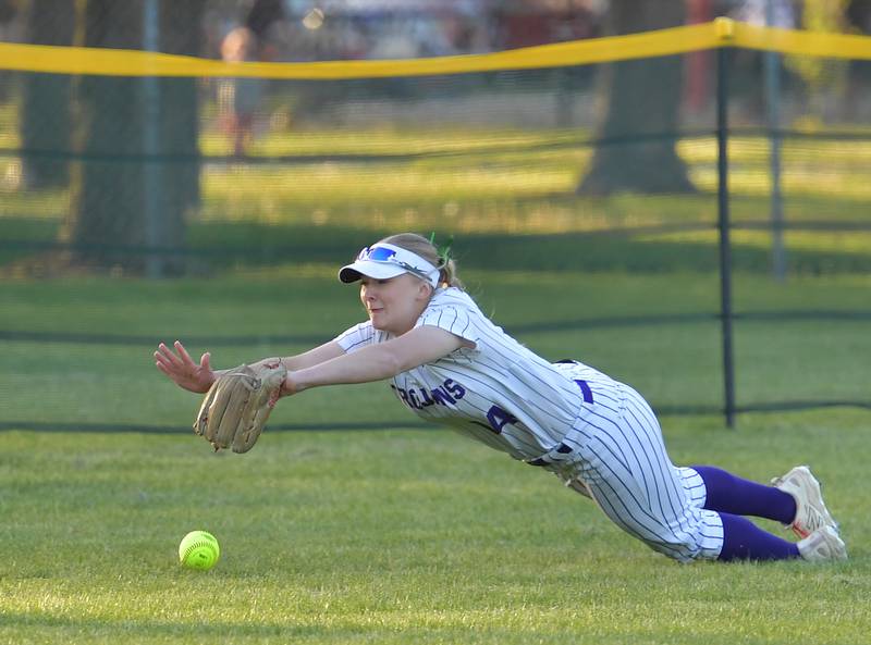 Downers Grove North’s Ella Bonk dives for a ball that is just out of reach during a game against Downers Grove South on May 14, 2026 at McCollum Park in Downers Grove.
