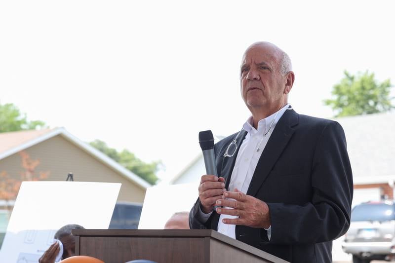Kankakee County Housing Authority chairman Doug Jones addresses the crowd during the West Harbor Residences ribbon cutting and street dedication ceremony on Wednesday, July 23, 2025.