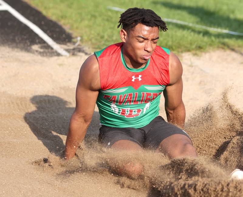 LaSalle-Peru's Tre'von Hunter competes in the triple jump Friday, May 13, 2022, during the Interstate 8 Conference Championship meet at Sycamore High School.