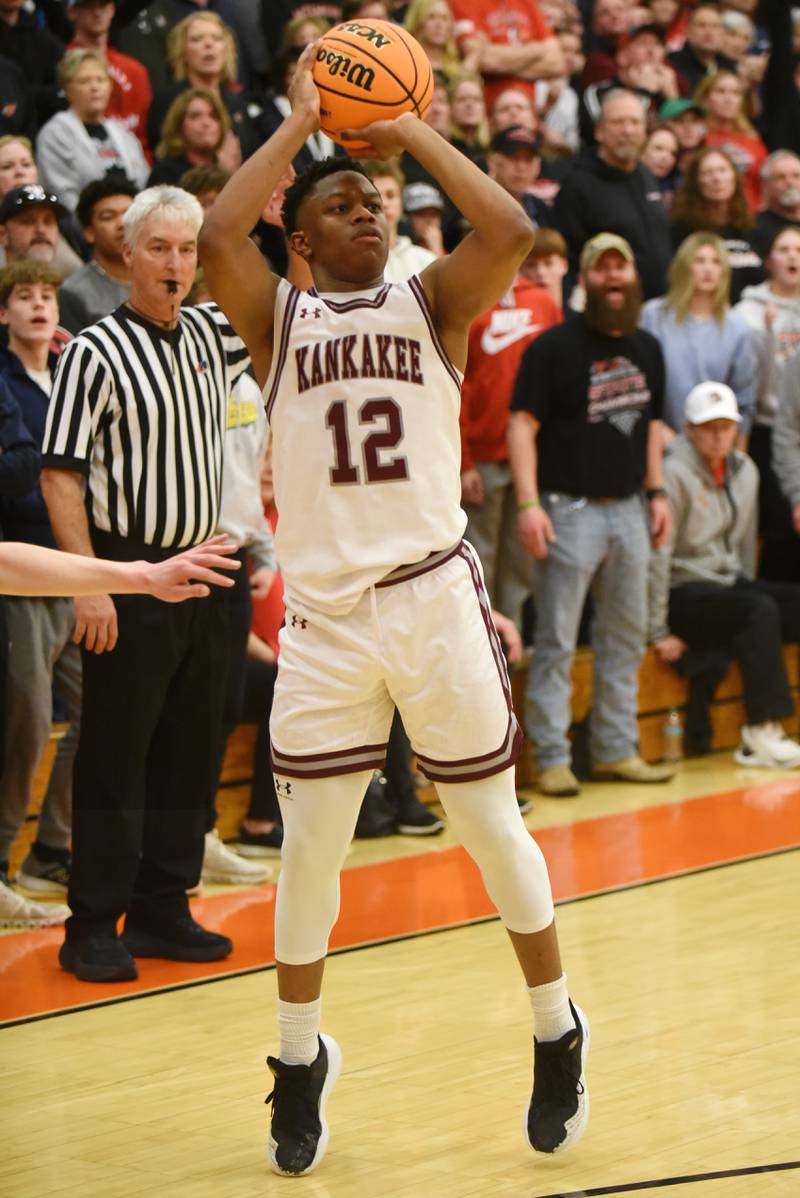 Kankakee's Myair Thompson shoots a 3-pointer during the Kays' IHSA Class 3A Washington Sectional semifinal against Metamora Tuesday, March 4, 2025.