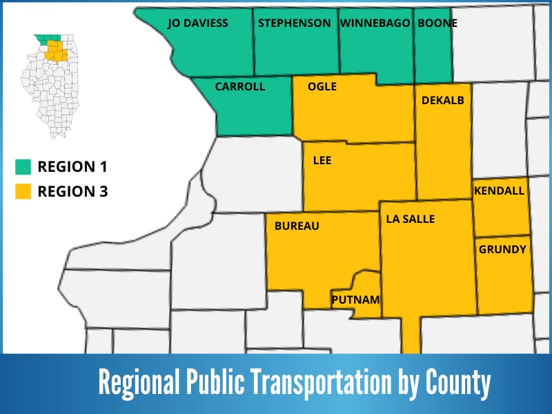 A map showing Region 1 and 3 transportation service areas maintained by North Central Illinois Council of Governments.