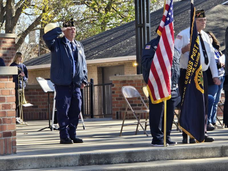 The officer of the day salutes Monday, Nov. 11, 2024, during the Veterans Day ceremony in Streator City Park.
