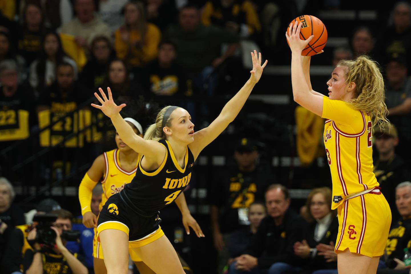 Iowa Hawkeyes guard Kylie Feuerbach (4) defends during the second quarter of their game against USC at Carver-Hawkeye Arena in Iowa City, Iowa on Sunday, February 2, 2025. (Stephen Mally/hawkeyesports.com)