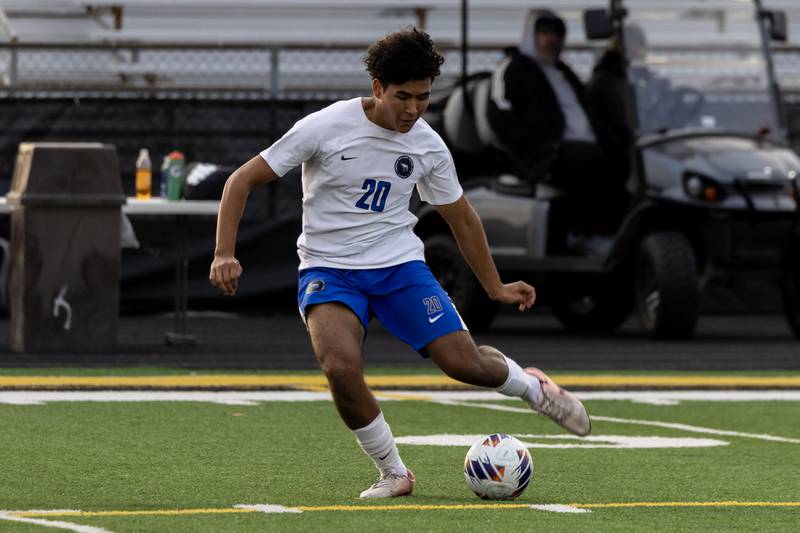 Lincoln-Way East's Sergio Avila makes a nice move during the 3A Joliet West Sectional boys varsity soccer match against Lincoln-Way Central at Joliet West on Oct. 29, 2025.