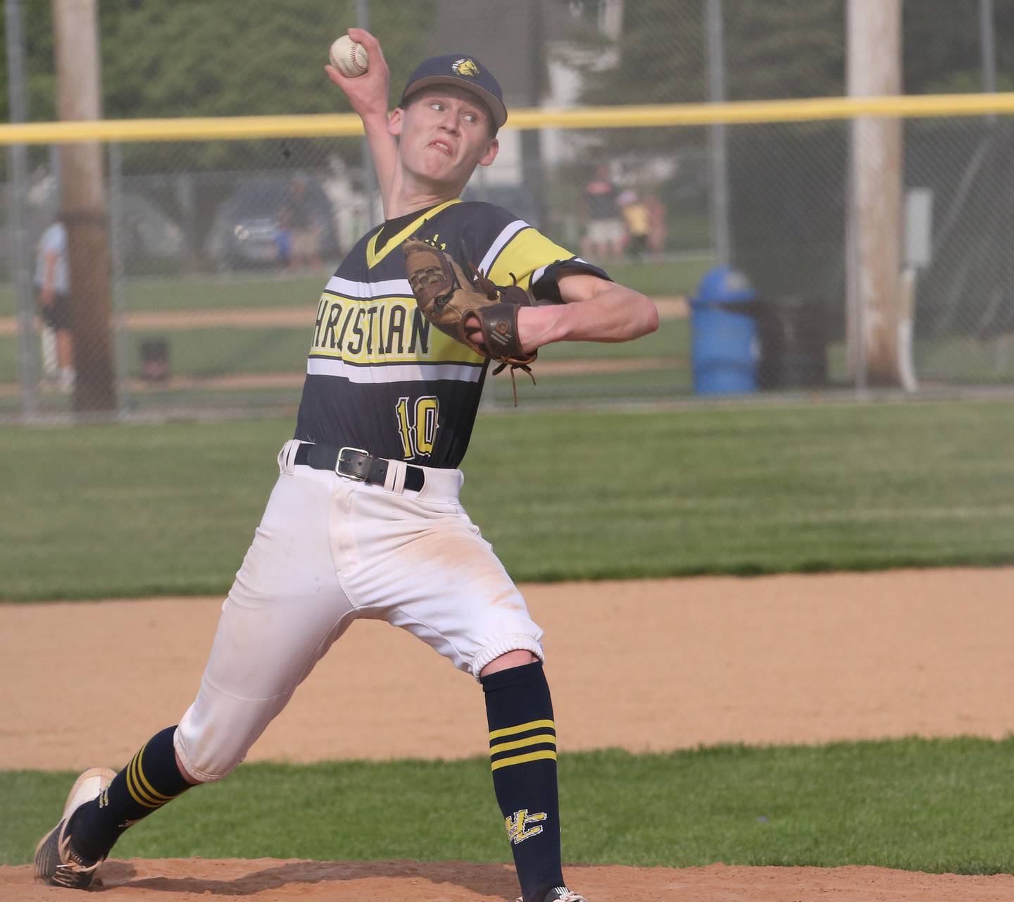 Yorkville Christian's Nolan Hooper delvers a pitch against St. Bede in the Class 1A Regional semifinal game on Thursday, May 18, 2023 at Masinelli Field in Ottawa.