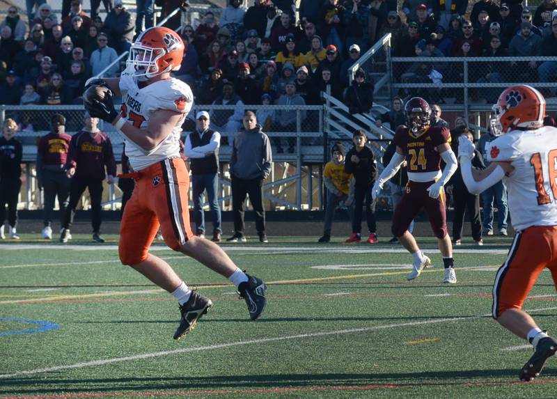 Byron's Caden Considine (37) intercepts a pass against Lombard-Montini in 3A semifinal action in Lombard on Saturday, Nov. 18, 2023.