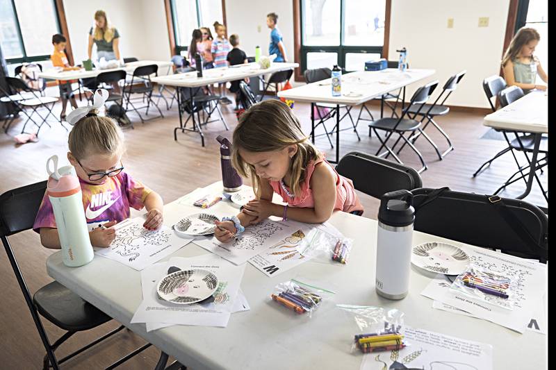 Annie (left) and Nora work on some agriculture themed crafts Thursday, June 29, 2023 at Woodlawn Arts Academy in Sterling. Thirty-five kids signed up for the farm camp which took them on trips to farms and offered them fun learning activities.