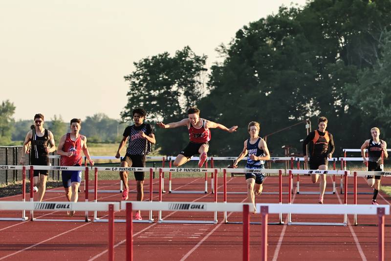 EP's Lane Decker won the 300m hurdles Wednesday on his home track in Erie during the IHSA sectional meet. Damian Bender of Amboy took 2nd, Josh McDearmon of Morrison 3rd and Andrew Roth of Bureau Valley 4th, all 4 athletes will advance to the state meet next Thursday