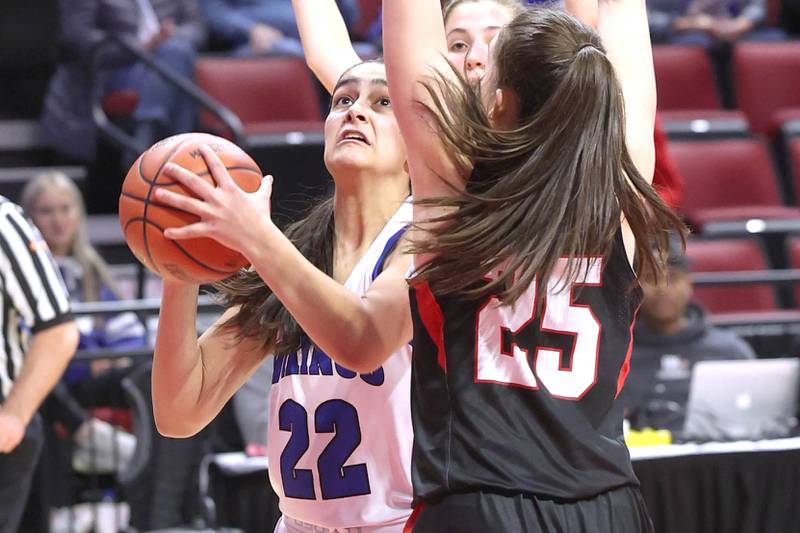Geneva's Leah Palmer goes to the basket against Benet’s Samantha Trimberger during their Class 4A state semifinal game Friday, March 3, 2023, in CEFCU Arena at Illinois State University in Normal.
