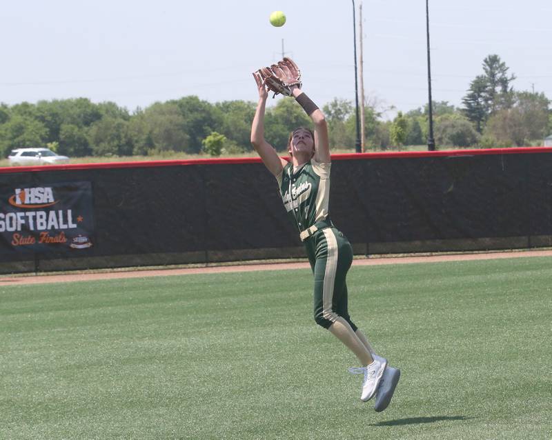 St. Bede's Lily Bosnich makes a catch in shallow left field in the Class 1A State semifinal game on Friday, June 2, 2023 at the Louisville Slugger Sports Complex in Peoria.