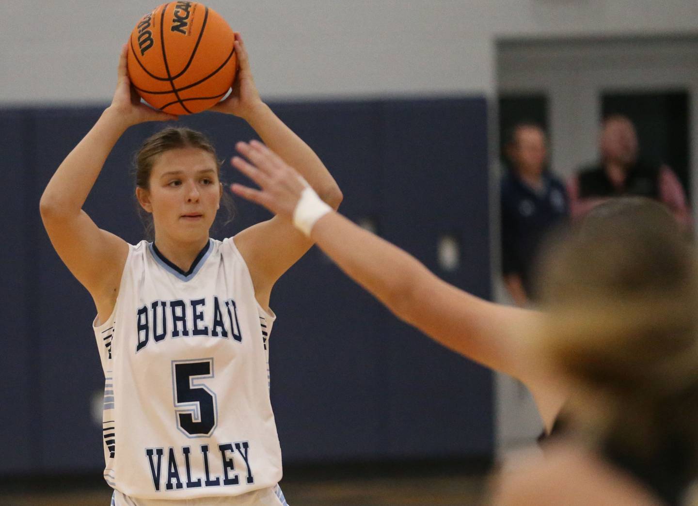 Bureau Valley's Emiily Wright looks to pass against Riverdale during the Thanksgiving Tournament on Wednesday, Nov. 20, 2024 at Bureau Valley High School.