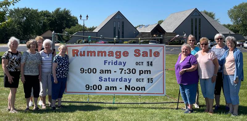 Yorkville Congregational United Church of Christ J.O.Y. Circle members preparing for this week’s rummage and bake sale are, left to right, Peg Trumble, Kathy Farren, Regina Moe, Mary McCracken, Pam Hamblin, Jean Anderson, Nancy Modery, June Davis, Lou Ann Hoffman and Joanne Vitek.