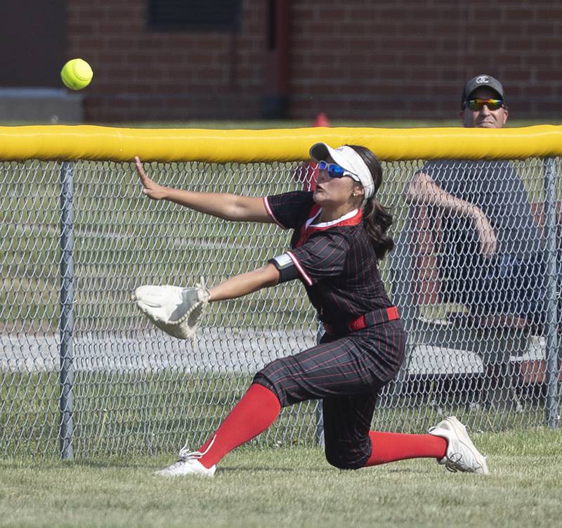 Erie-Prophetstown’s Isabella Olvera chases down fly ball but is unable to make the foul ball catch against Morrison Thursday, May 14, 2026.