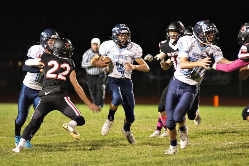 Bureau Valley’s Brock Shane hits the hole Friday, Oct.7, 2022 against Erie-Prophetstown.