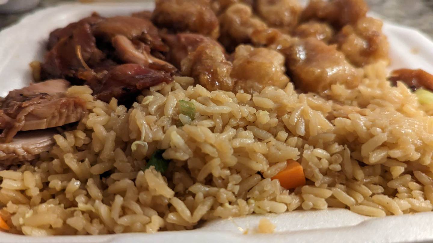 Here is bourbon chicken and fried rice from the China Experience at Louis Joliet Mall in Joliet.