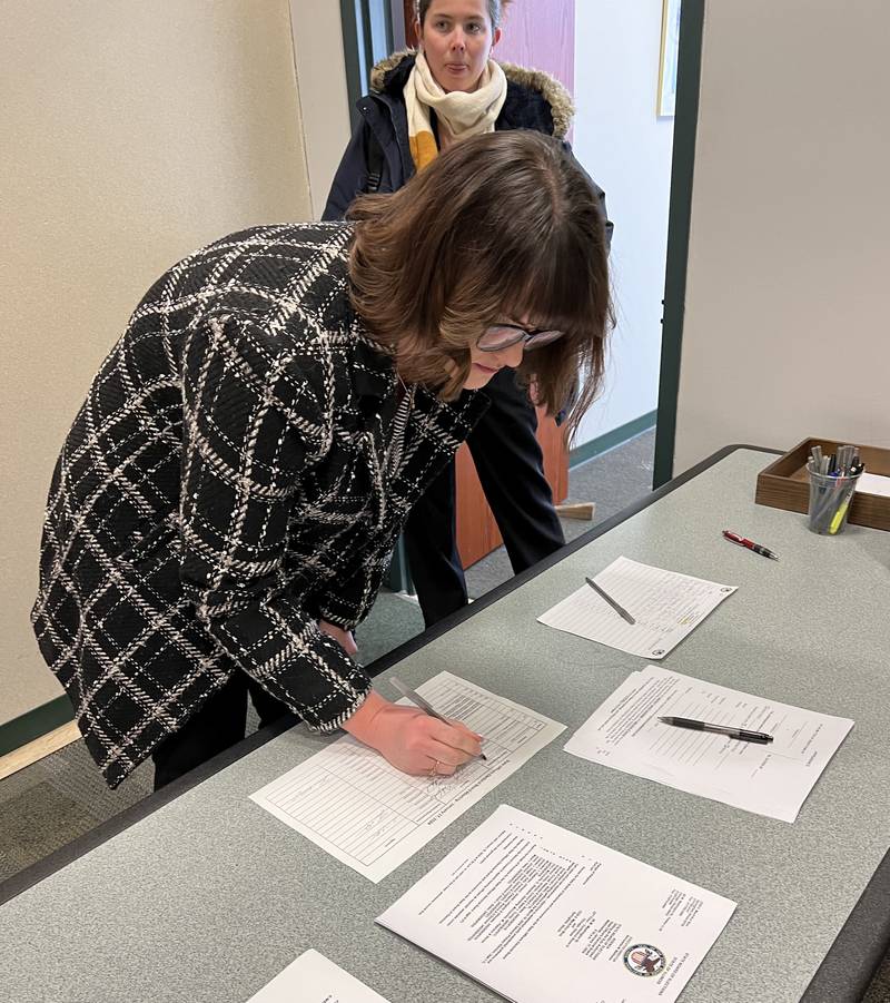 Beth Findley-Smith files her appearance with the Illinois State Board of Elections on Wednesday, Jan. 17, 2023. She is objecting to nomination papers for U.S. president filed by President Joe Biden.
