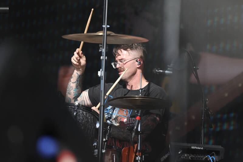 Adam Beck of Sincere Engineer plays drums at Riot Fest on Saturday, Sept. 21, 2024 in Chicago.