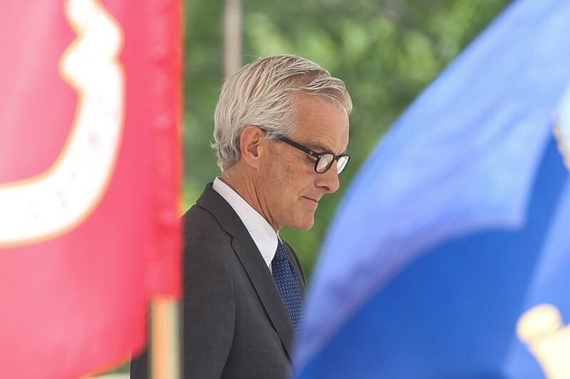 Denis McDonough, Secretary of Veteran Affairs, speaks at the National Cemetery Administration 50th Anniversary ceremony at the Abraham Lincoln National Cemetery in Elwood on Saturday, July 29.