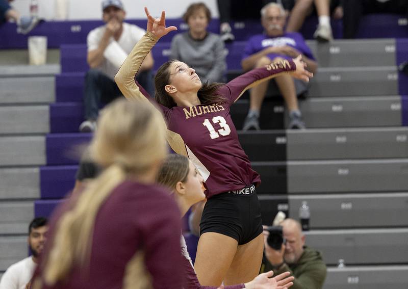Morris’ Tessa Shannon goes up for a kill against Sterling Tuesday, Oct. 29, 2024, at the class 3A regional semifinal in Dixon.