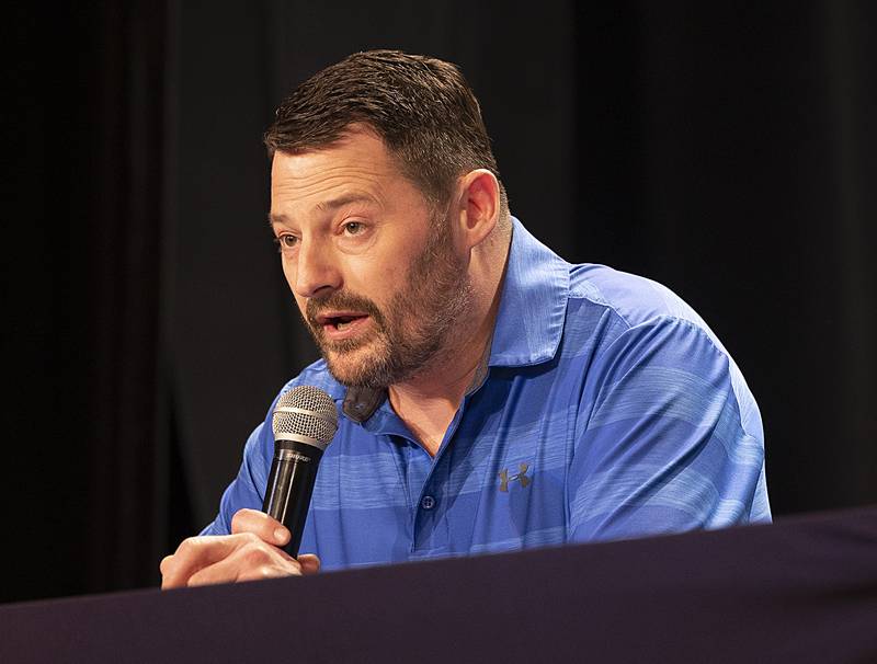 Dixon School Board member Brandon Rogers talks about the future of the school district Tuesday, March 18, 2025, during a candidate forum in Dixon. Rogers and three others are running unopposed in the board race.