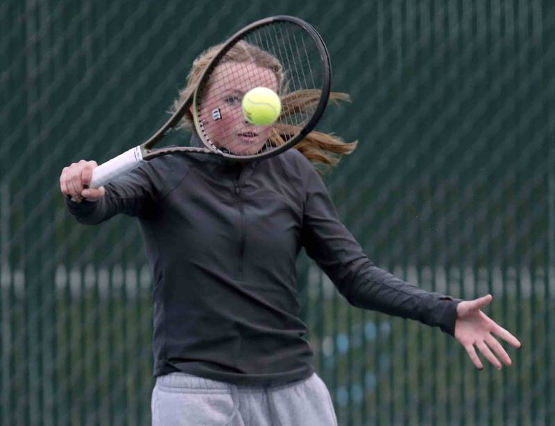 Ella Doughty, of Huntley during the IHSA State girls tennis tournament Thursday October 20, 2022 at Hersey High School in Arlington Heights.
