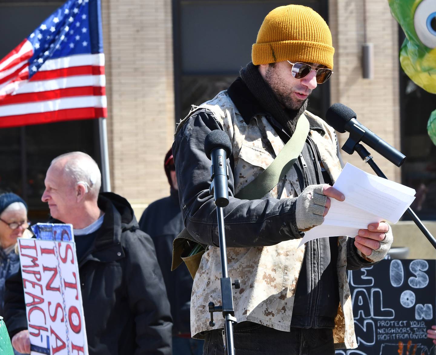 John Cerrone, a Marine veteran, spoke against the Trump administration during the No Kings rally on Saturday, March 28, 2026, in Oregon, Illinois. Cerrone is a member of the organization About Face Veterans Against the War.