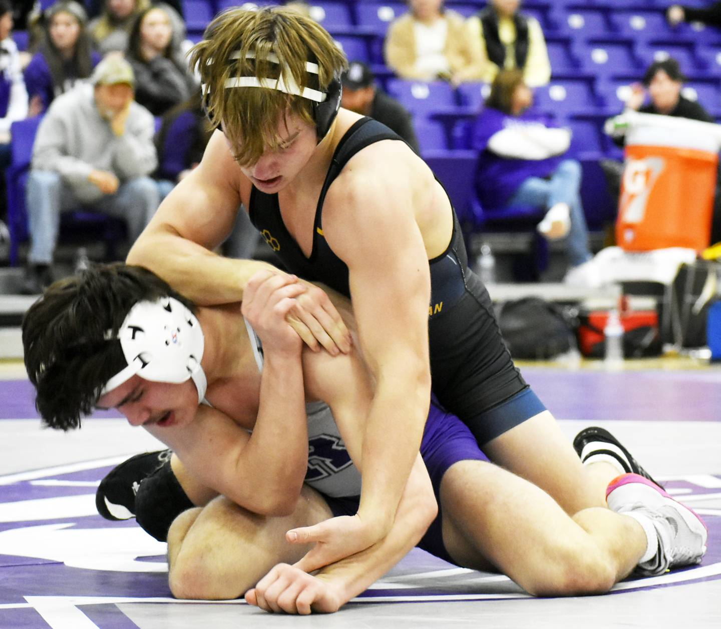 Yorkville Christian’s Tiras Lombardo works against Rochelle’s Josh Lassiter during Tuesday’s IHSA Class 2A Dual Team Sectional match at Rochelle.