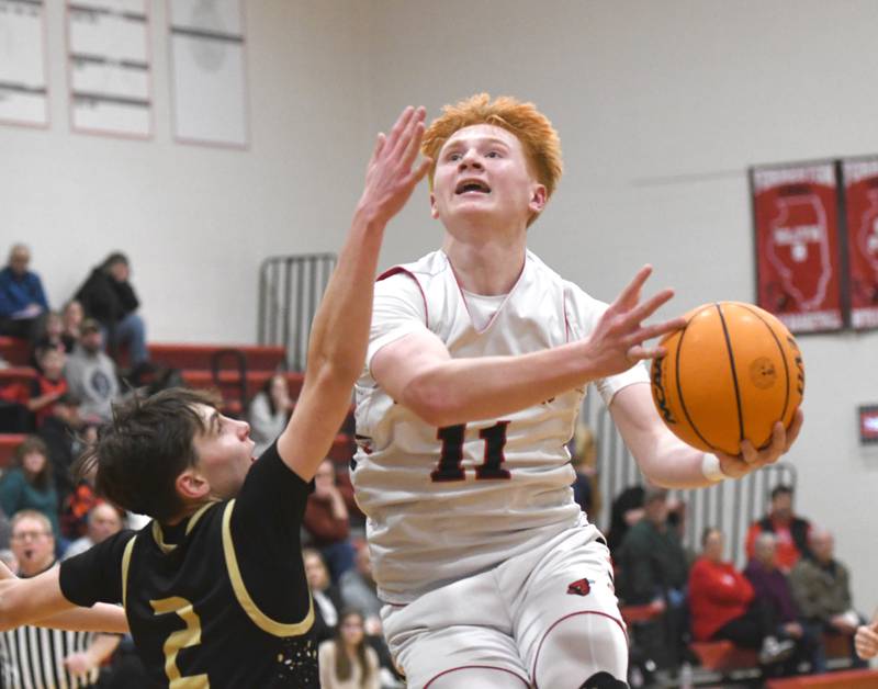 Forreston's Connor Politsch drives to the basket as Pecatonica's Karter Degner defends in a NUIC matchup at Forreston High School on Wednesday, Feb. 11, 2026.