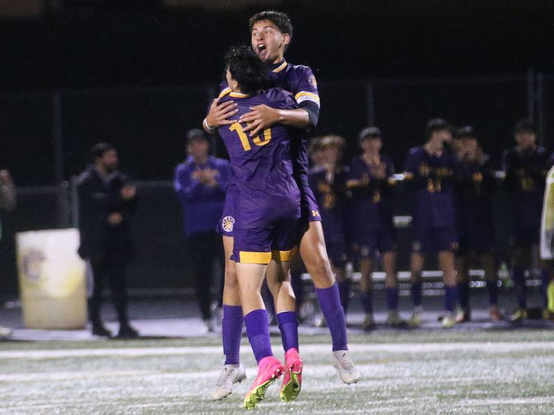 Mendota's Izaiah Nanez hugs teammate Johan Cortez after scoring a goal against Kewanee during the Class 1A Regional game on Wednesday Oct. 18, 2023 at Mendota High School.