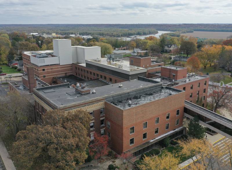 An aerial view of the former St. Margarets and IVCH building on Wednesday, Nov. 1, 2023. Last week, a federal bankruptcy court approved the purchase of the former Peru hospital and buildings.