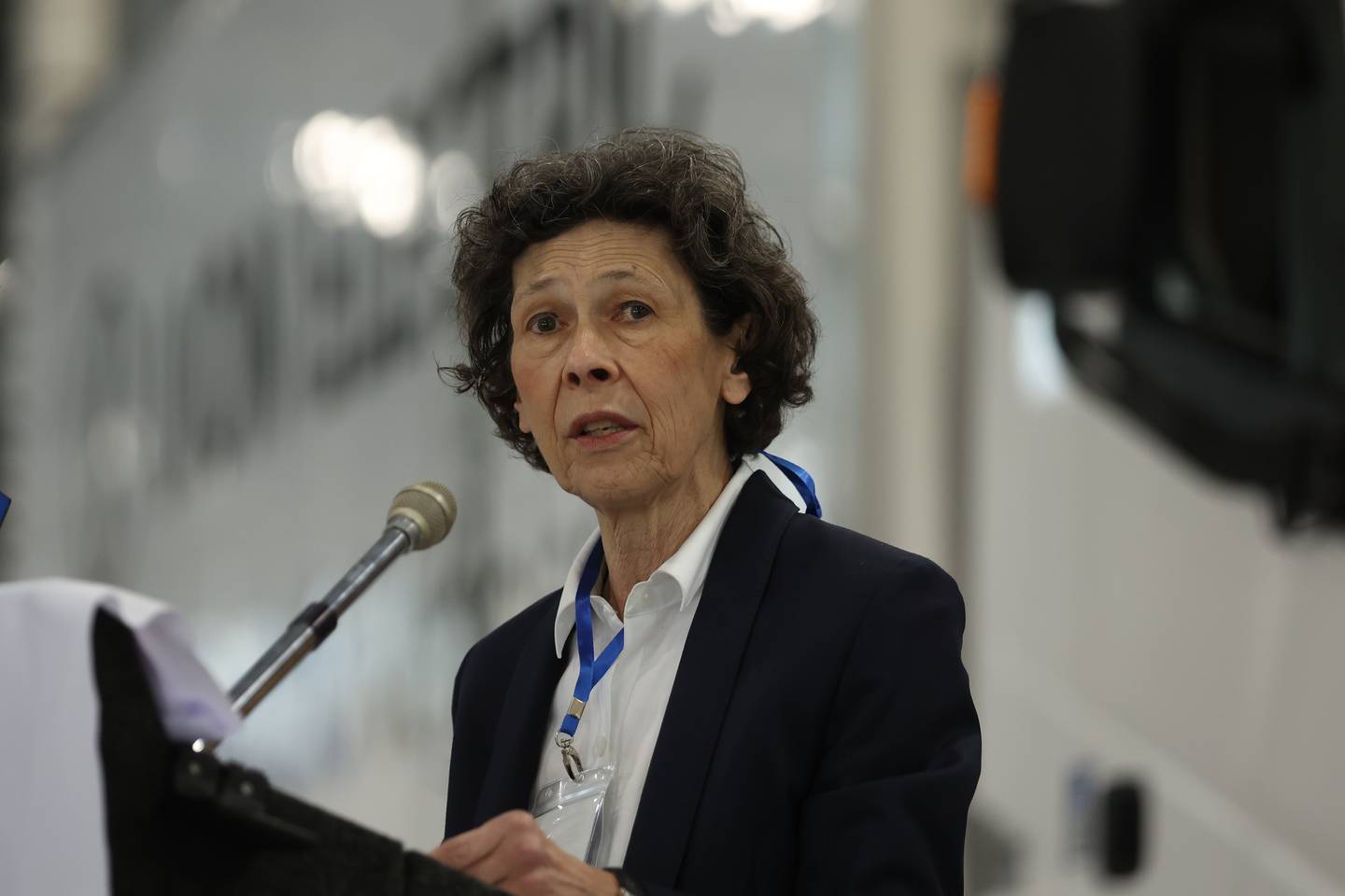 Debra Shore, Regional Administrator for U.S. EPA Region 5, speaks during a press conference and interactive tour of the Lion Electric vehicle manufacturing facility. Monday, Mar. 21, 2022, in Joliet.