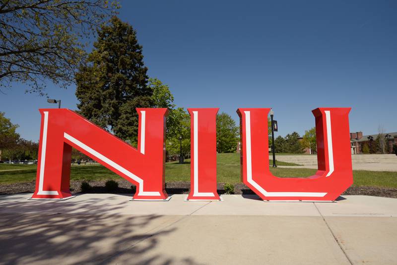 Northern Illinois University, large red NIU sign outside the Holmes Student Center in DeKalb, IL