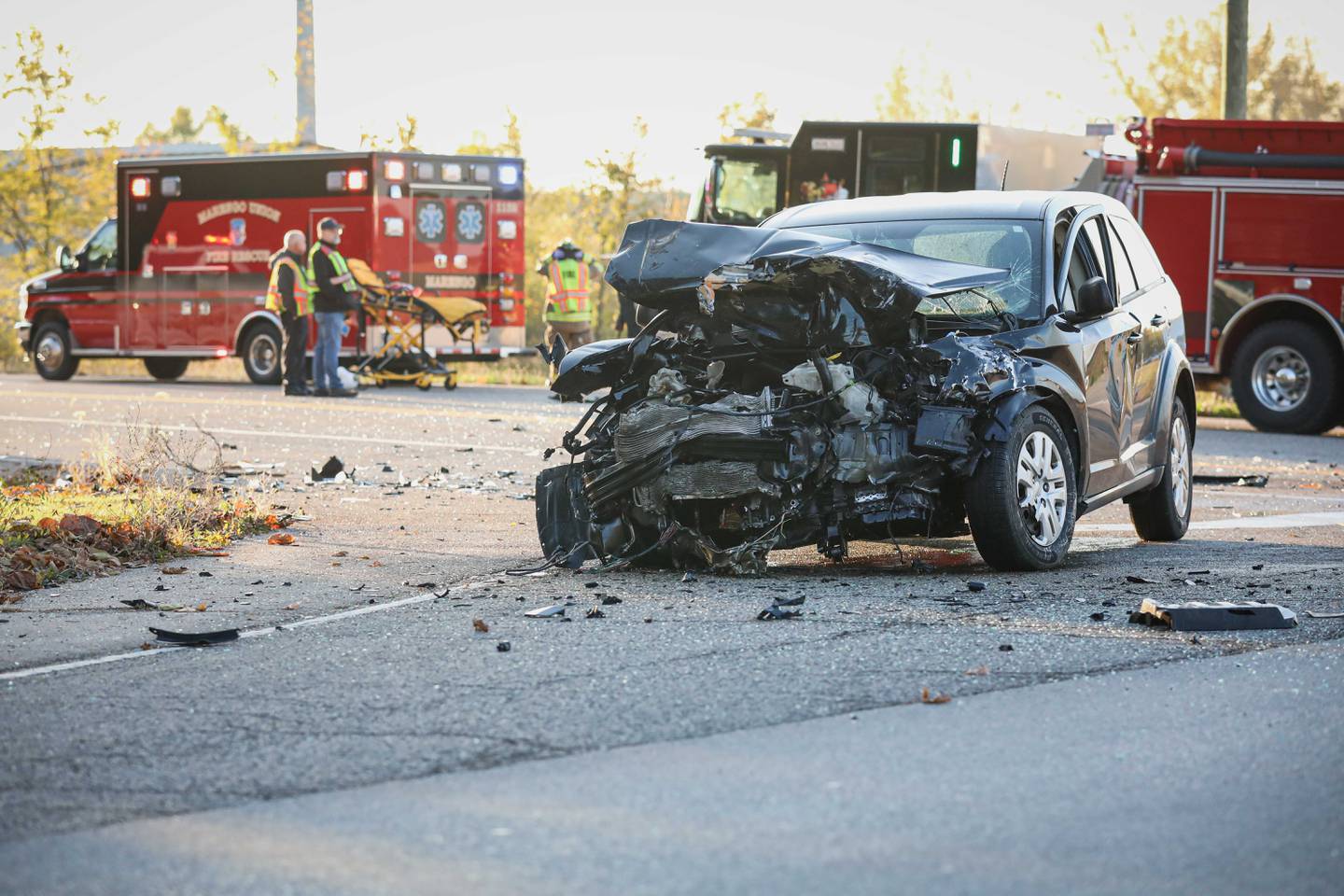 A two-vehicle crash at about 7:46 a.m. on Wednesday, Oct. 29, 2025, spun one of two cars into a nearby house at Route 23 and River Road outside Marengo. One motorist was airlifted in critical condition.