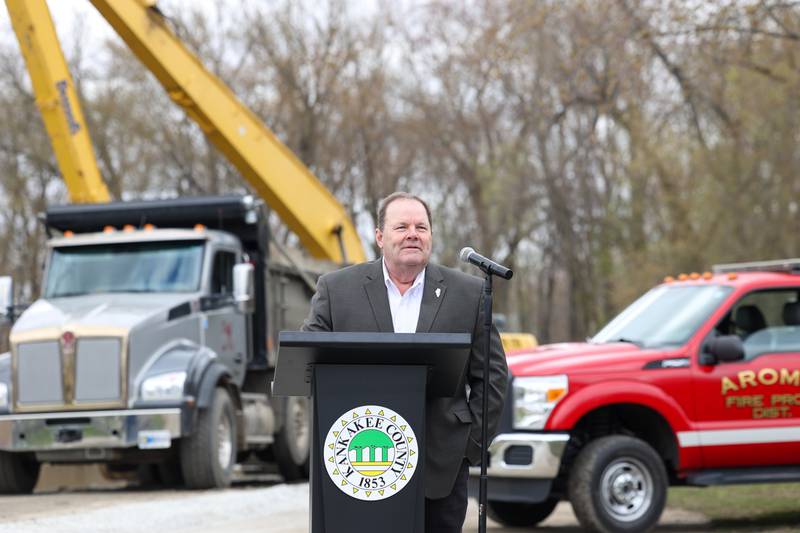 State Sen. Patrick Joyce, D-Essex, speaks at a kick-off event for the Kankakee River sediment removal project at the Aroma Park boat ramp on Tuesday, April 15, 2025. Joyce secured a $1 million grant from the state for Kankakee County for the project.