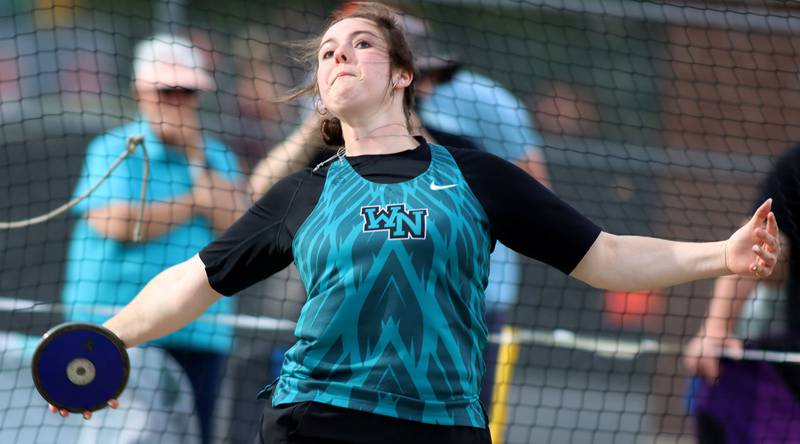 Woodstock North’s Brenna McConnell competes in the discus in IHSA Class 2A Girls Sectional Track action at Genoa-Kingston School in Genoa on Friday, May 16, 2025.