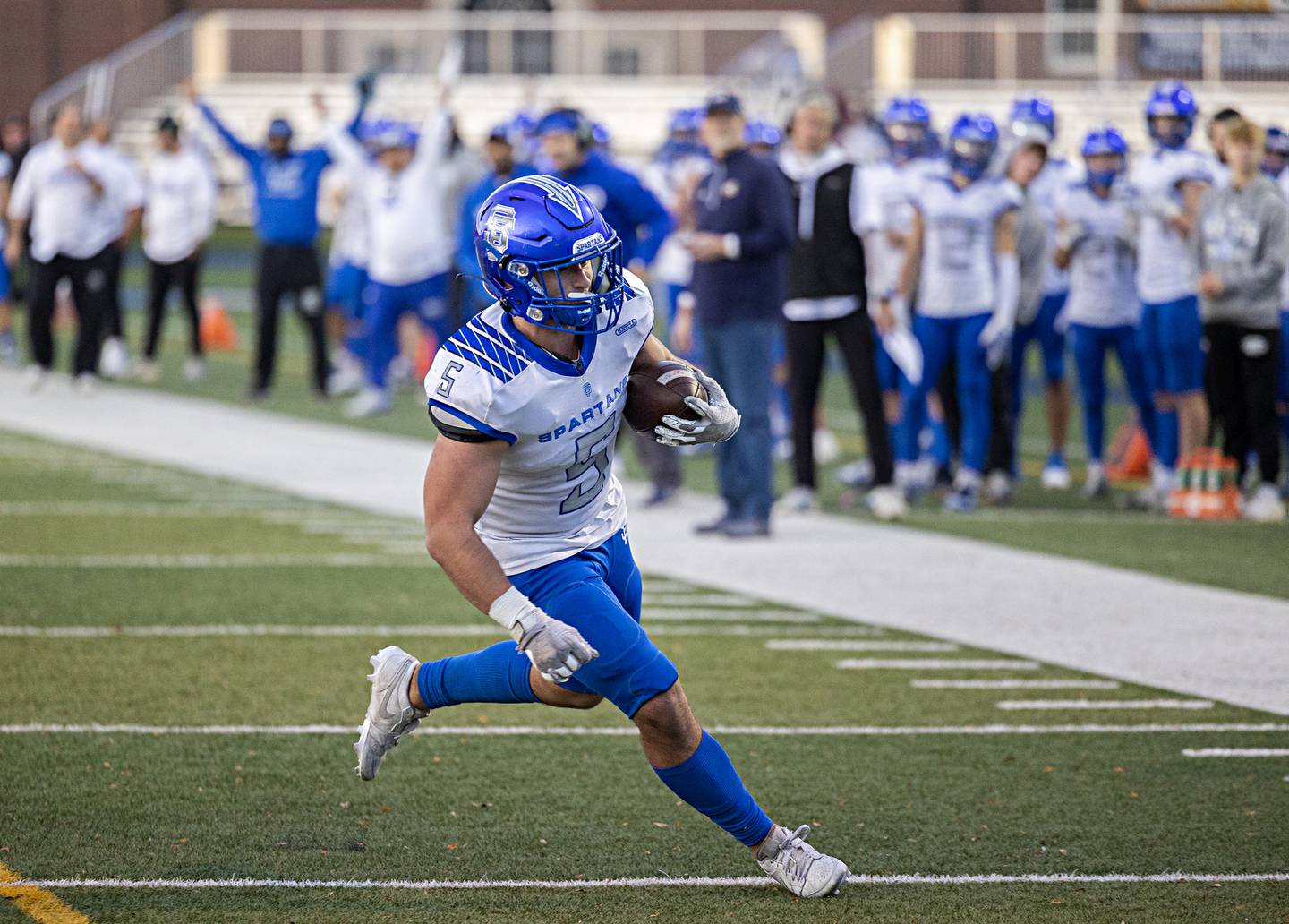 St. Francis’s Domenic Beres heads for the end zone against Sterling Saturday, Nov. 4, 2023 in a class 5A playoff game in Sterling.