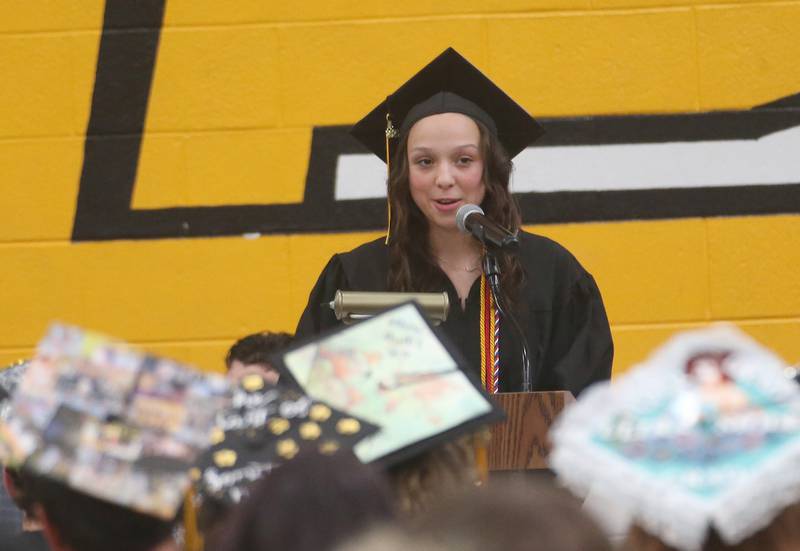 Putnam County High School salutatorian Eme Bouxsein, addresses the Class of 2025 during the 59th annual Commencement on Sunday, May 18, 2025 in R.M. Germano gymnasium.