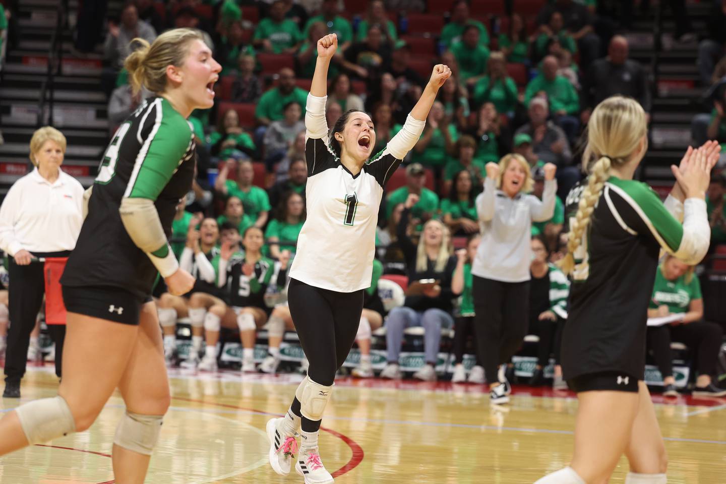 Rock Falls’ Carli Kobbeman celebrates a point against Carmi-White County in the Class 2A Volleyball Third Place match on Saturday, Nov. 11, 2023 in Normal.