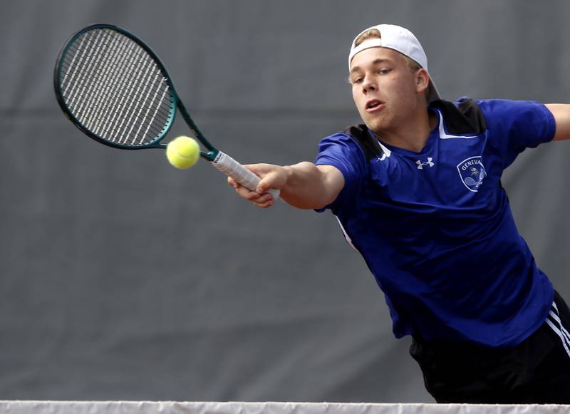 Geneva’s Tyler Masoncup volleys the ball as he and his doubles partner, Aaron Masoncup, compete in the Class 2A Boys State Tennis Tournament on Thursday, May 29, 2025, at Palatine High School.