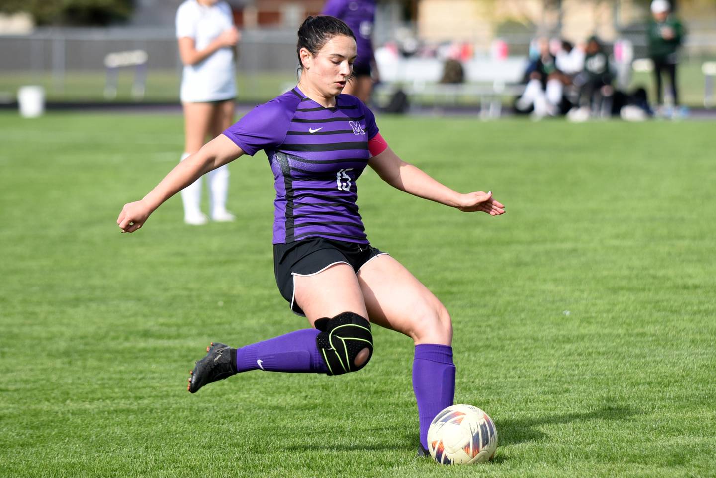 Manteno's Miranda Lingo shoots a free kick during a home game against Bishop McNamara Wednesday, April 29, 2026.